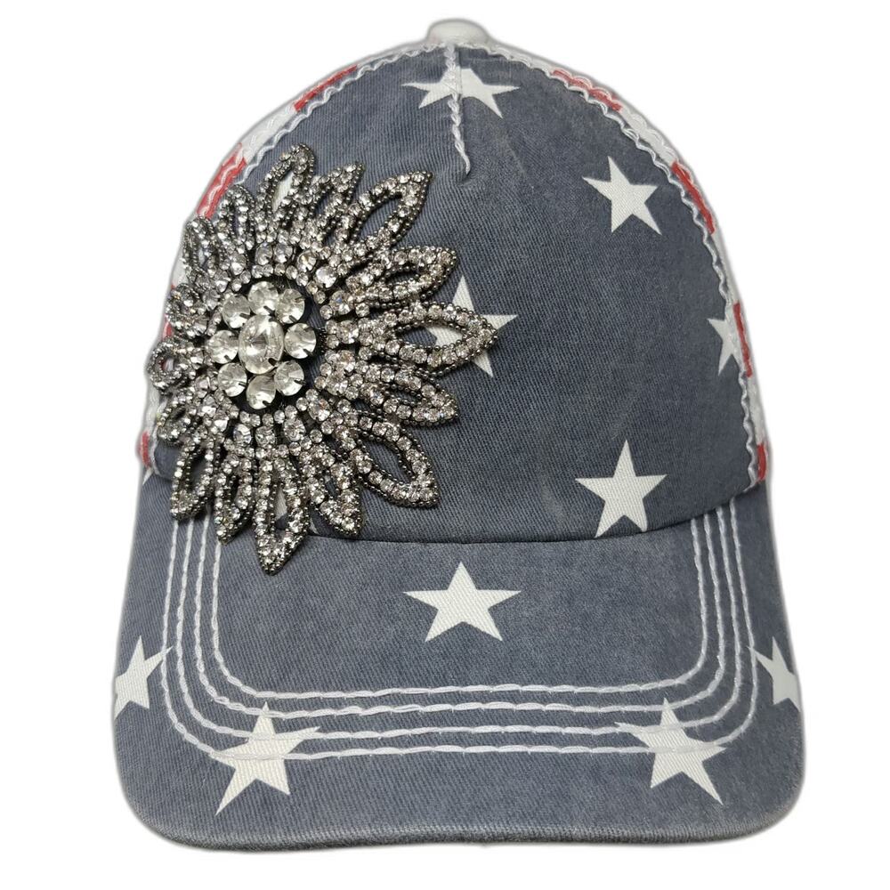 Olive & Pique 5 Panel Blue One Size Rhinestone Sunflower American Flag Hat
